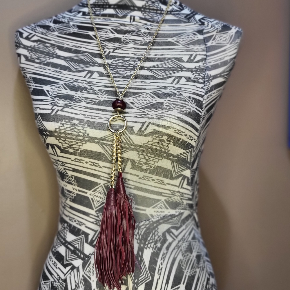 WHBM gold tone necklace with burgundy faux leather tassels *3/$30 Sale*